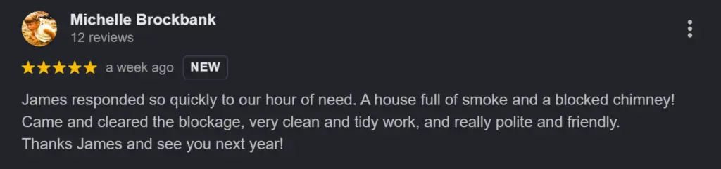 Five Star Google Review Chimney Sweep Michelle Brockbank